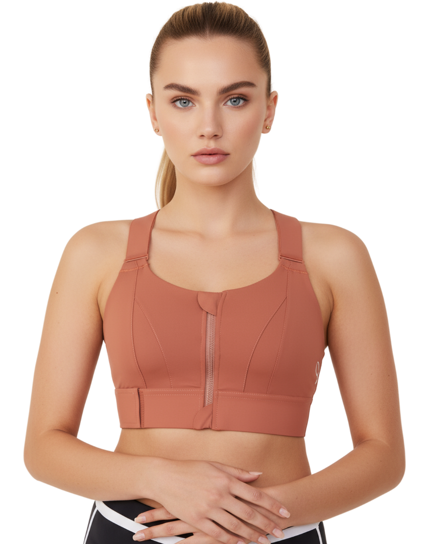 PREMIUM QUALITY FRONT CLOSURE PADDED HIGH IMPACT SPORTS BRA WITH ADJUSTABLE WAIST BAND-RUST