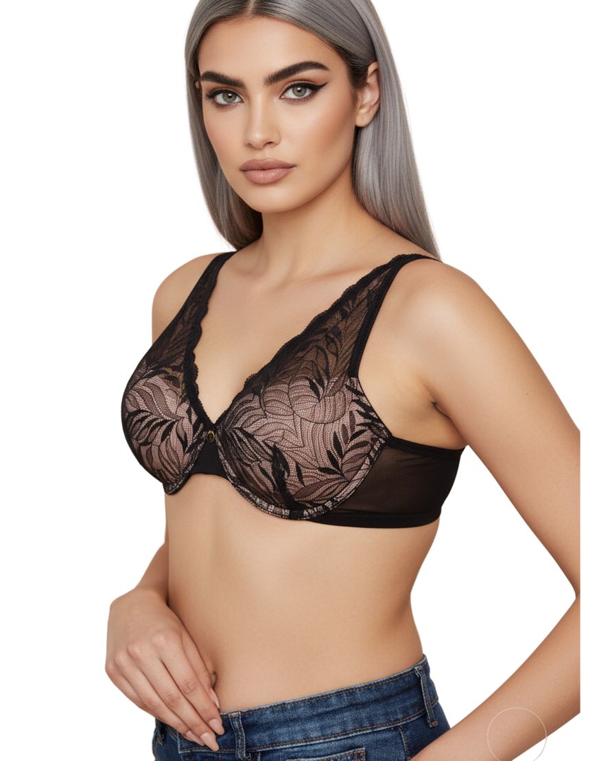 DEMI CUP HIGH APEX FEATHER LIGHT PADDED LACE CUP BRA-BLACK