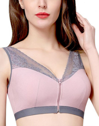 RIBBED FABRIC FRONT ZIPPER POST SURGICAL BRA WITH POCKETS-PINK