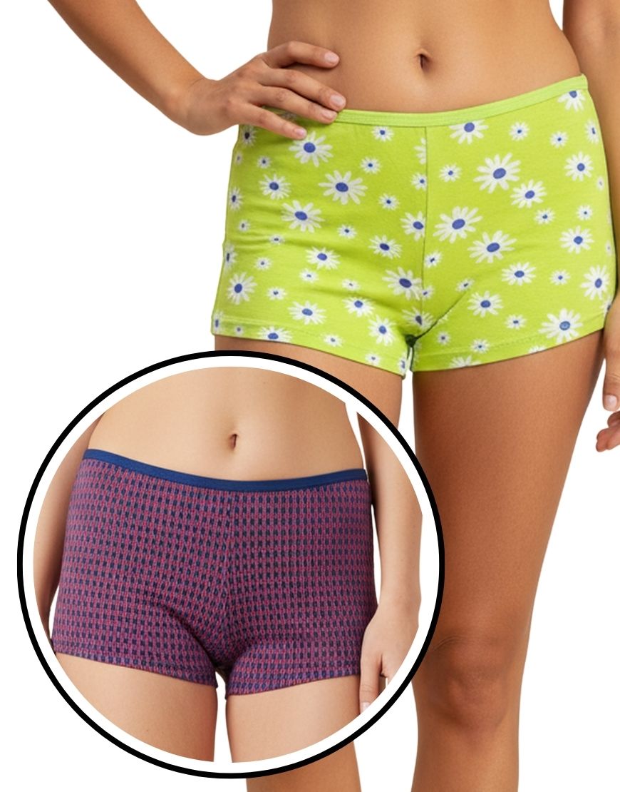SUPER SOFT PACK OF 2 BOY SHORTS COTTON BRIEFS-DAISY PRINT+GEOMETRIC