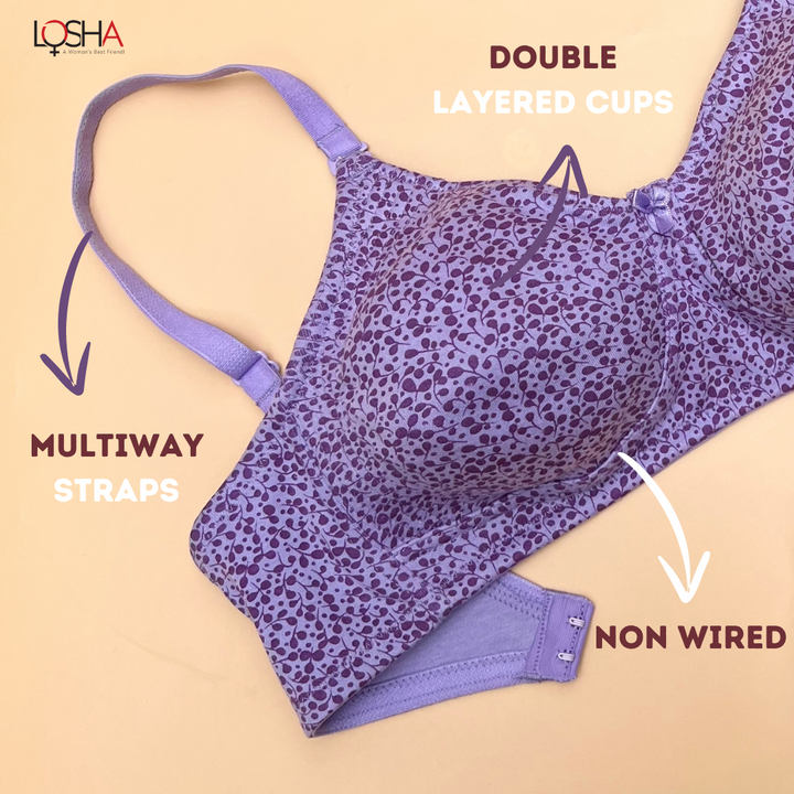 COTTON DOUBLE LAYERED NON WIRED PRINTED WITH CONVERTIBLE STRAPS -LAVENDAR PRINT
