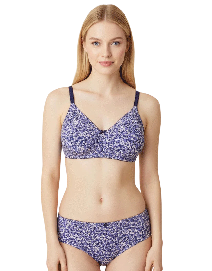 DOUBLE LAYERED FULL COVERAGE COTTON WIREFREE BRA WITH MATCHING PANTY-PURPLE PRINT