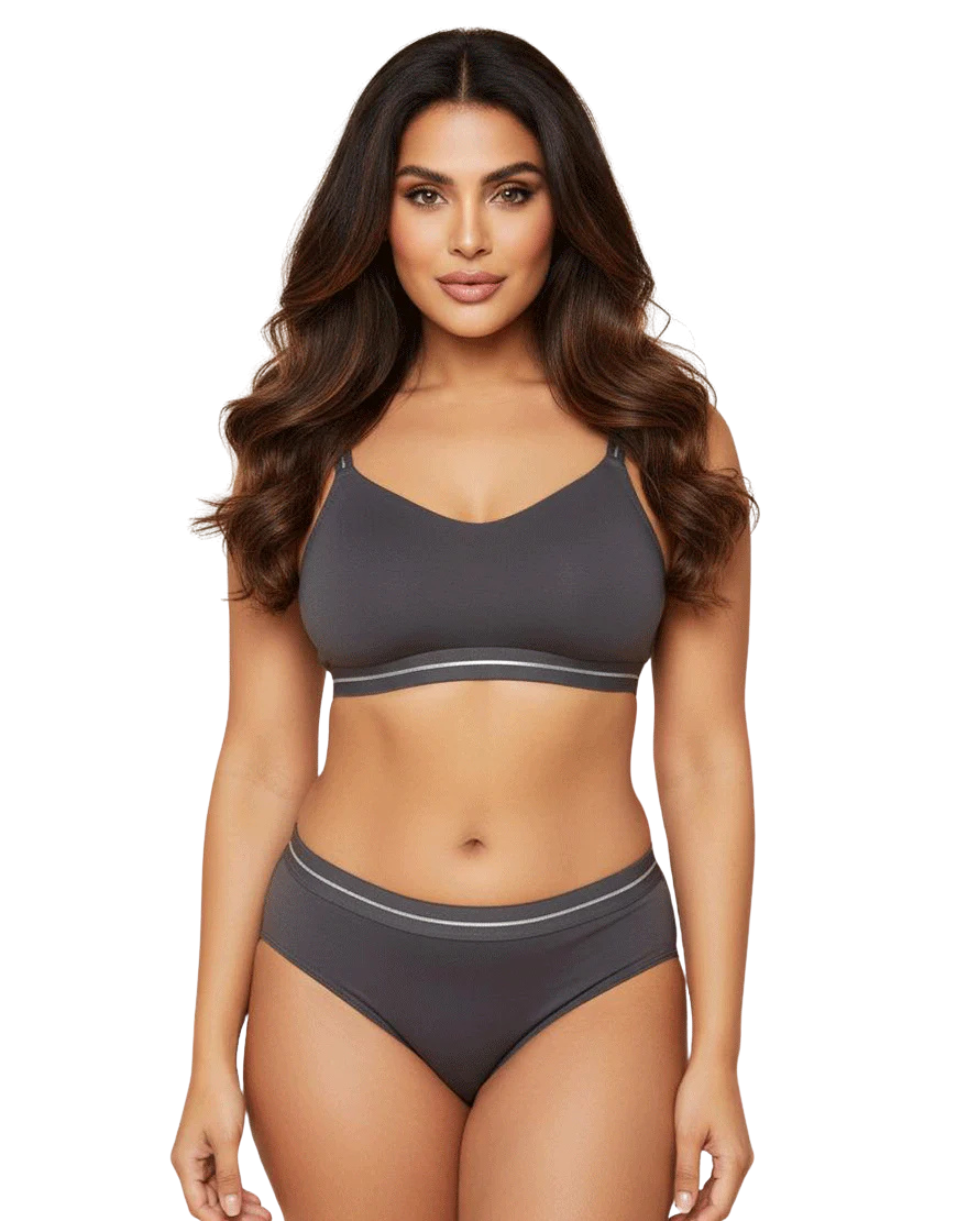 DOUBLE LAYERED COTTON WIREFREE BRA WITH MATCHING PANTY -GREY