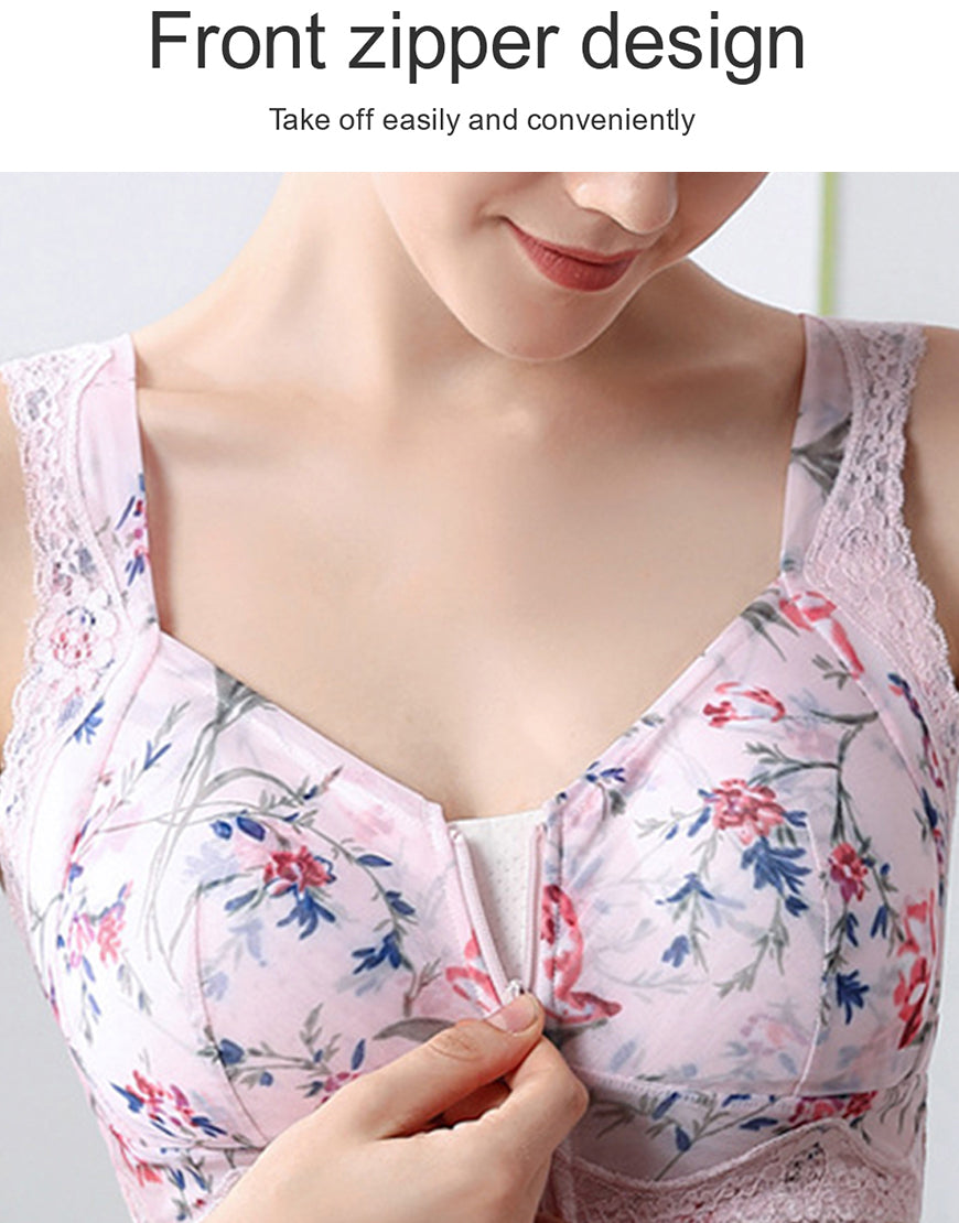 FLORAL PRINT FRONT ZIPPER POST SURGICAL BRA WITH POCKETS-Baby Pink – Losha