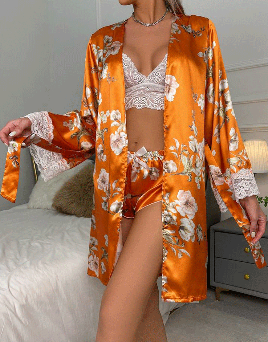 Losha Deep Love Silk 3 Piece Nighty-ORANGE