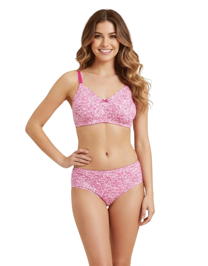DOUBLE LAYERED FULL COVERAGE COTTON WIREFREE BRA WITH MATCHING PANTY-PINK PRINT