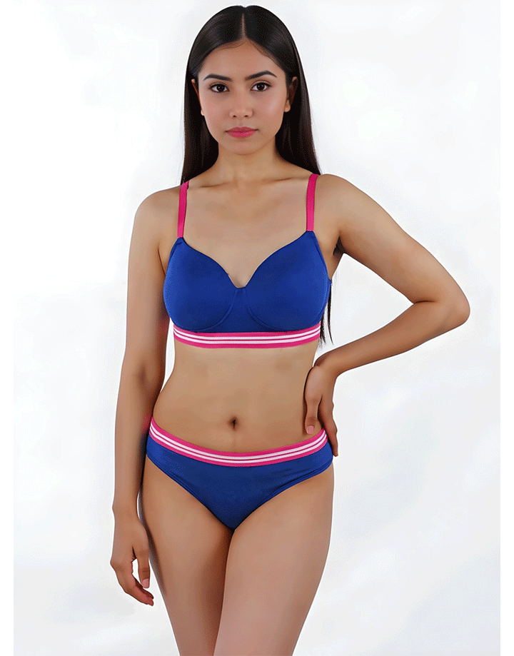 LIGHTLY PADDED NON WIRED TSHIRT BRA WITH MATCHING PANTY-BLUE