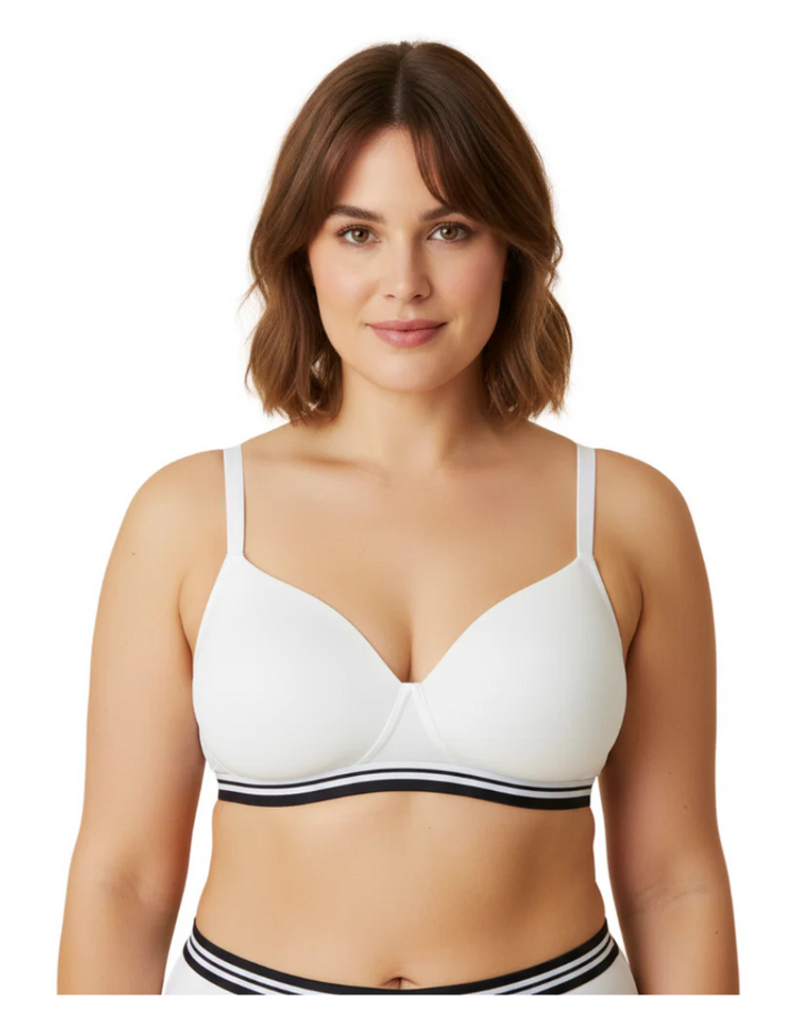 LIGHTLY PADDED NON WIRED TSHIRT BRA WITH STRIPED ELASTIC WAIST BAND-WHITE