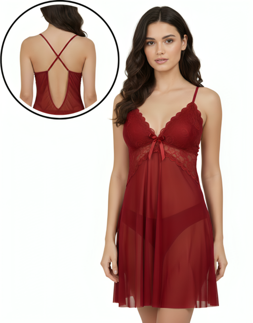 Losha 2 piece Romantic Lace Mesh Nighty-MAROON