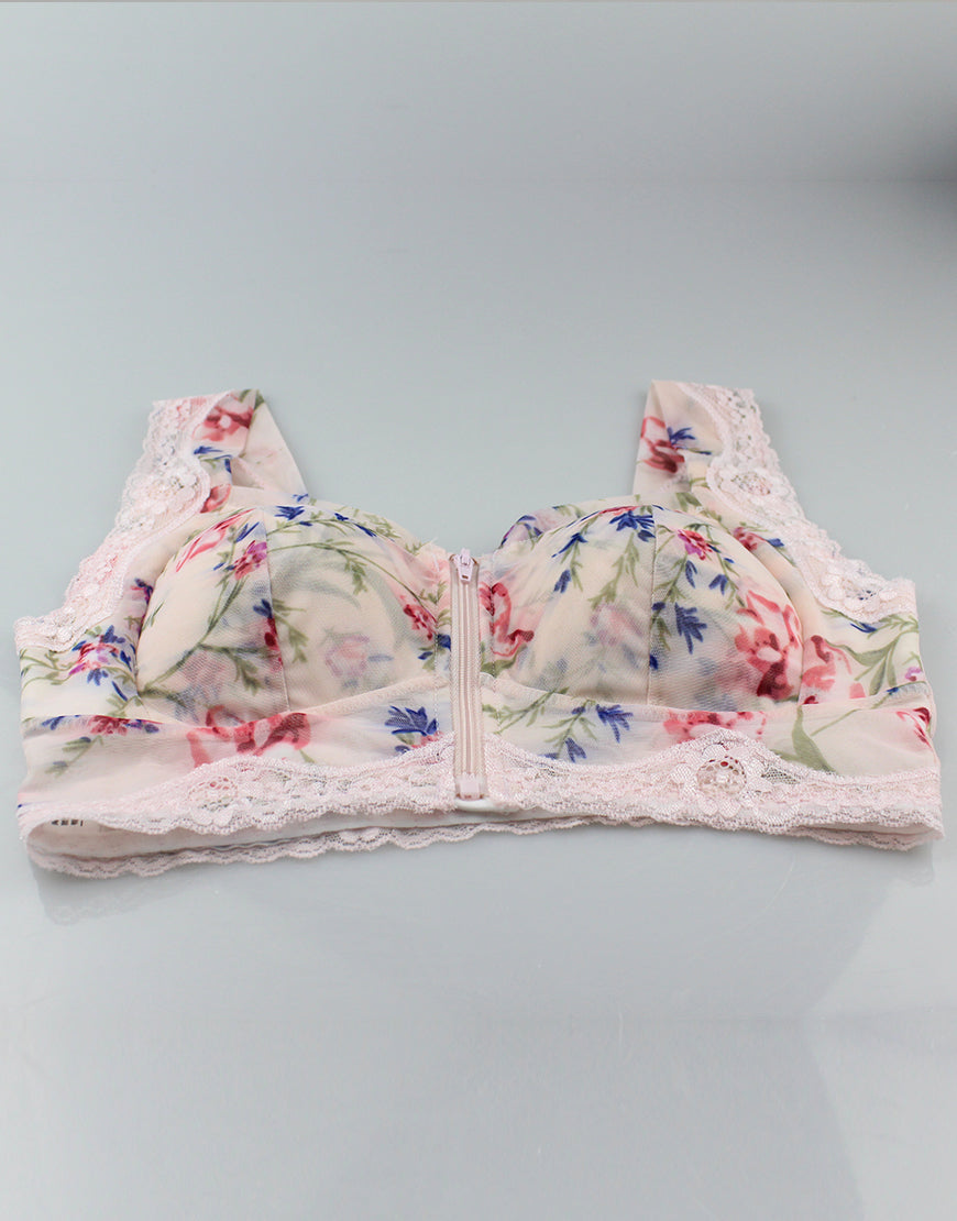 FLORAL PRINT FRONT ZIPPER POST SURGICAL BRA WITH POCKETS-Baby Pink