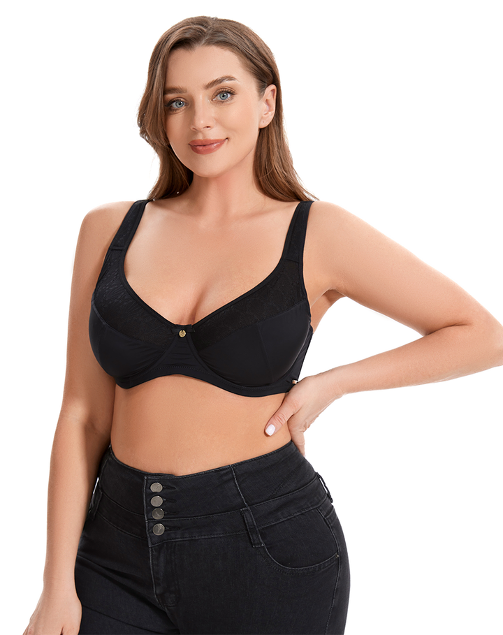 Losha Curvy Double Layered Minimizer Wired Bra with Lace Touch-BLACK