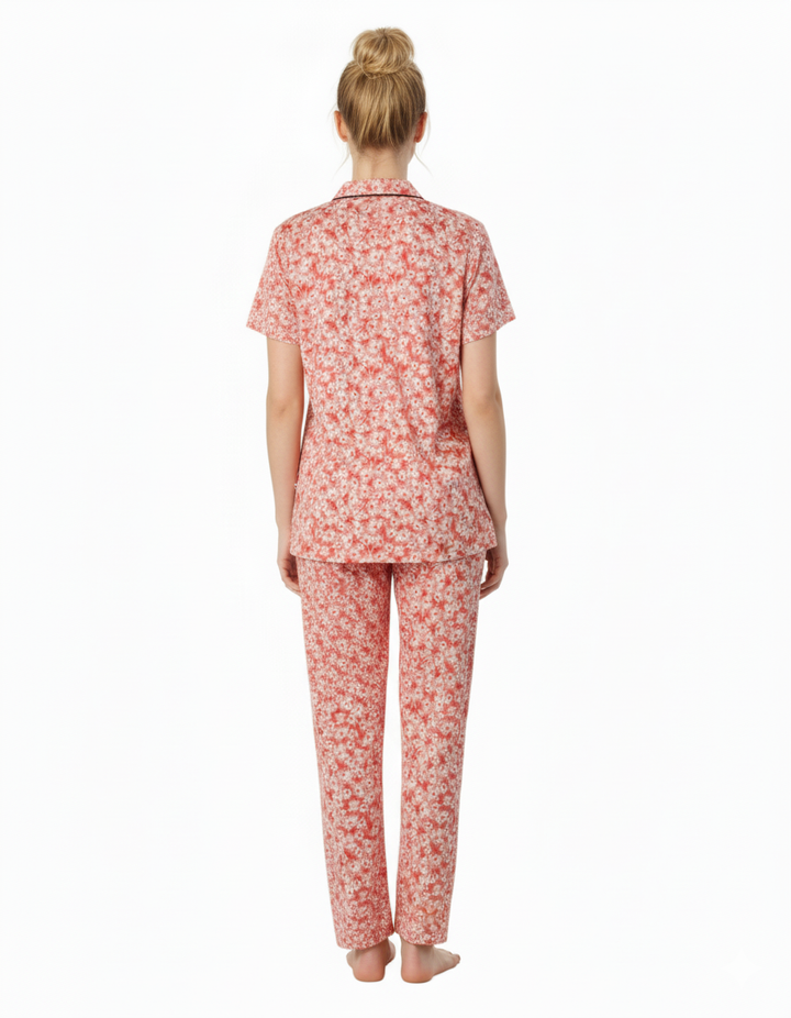 SIESTA COTTON BUTTON DOWN SHIRT & PJ SET- FLORAL PEACH