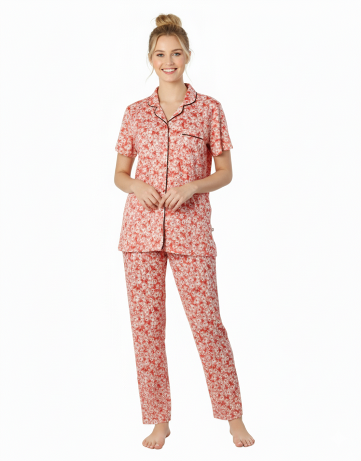 SIESTA COTTON BUTTON DOWN SHIRT & PJ SET- FLORAL PEACH
