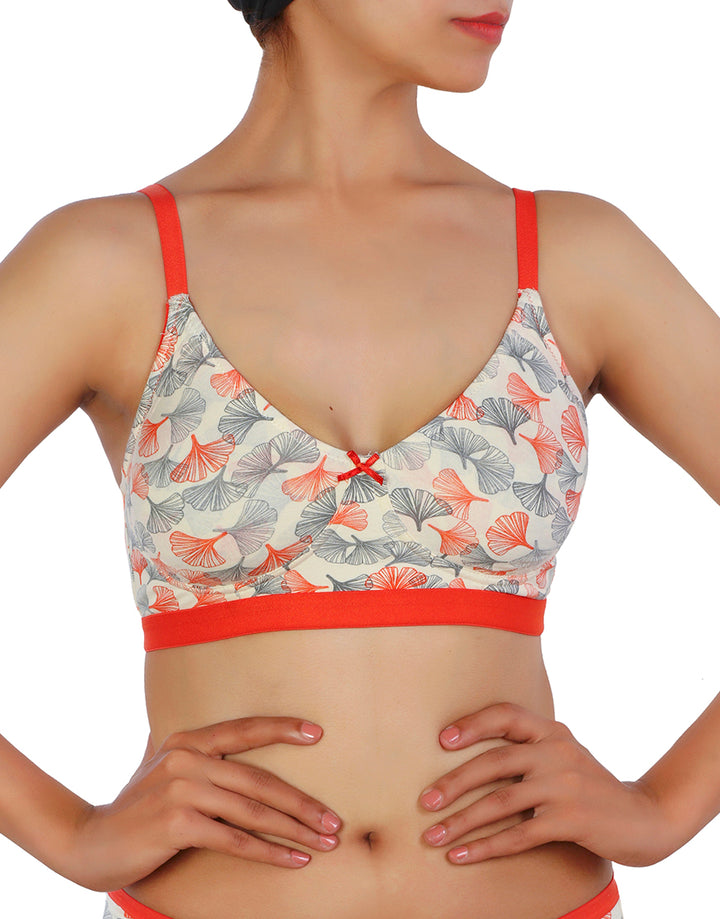 DOUBLE LAYERED COTTON WIREFREE PRINTED BRA-ORANGE