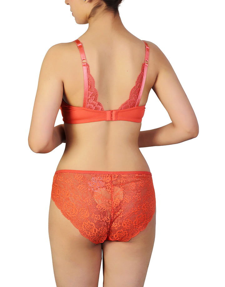 Butterfly back Bra With Lacy Panty SET -BURN SIENNA ORANGE