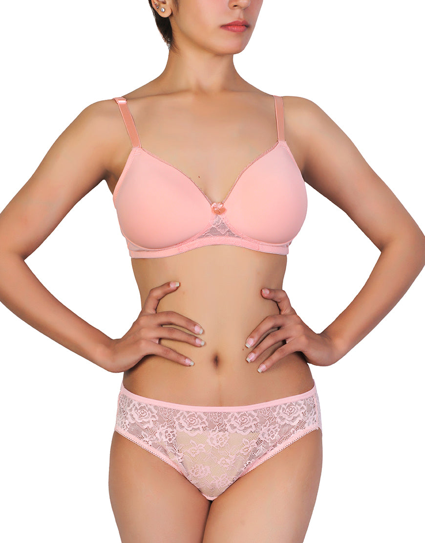 Butterfly back Bra With Lacy Panty SET-PEACH PEARL