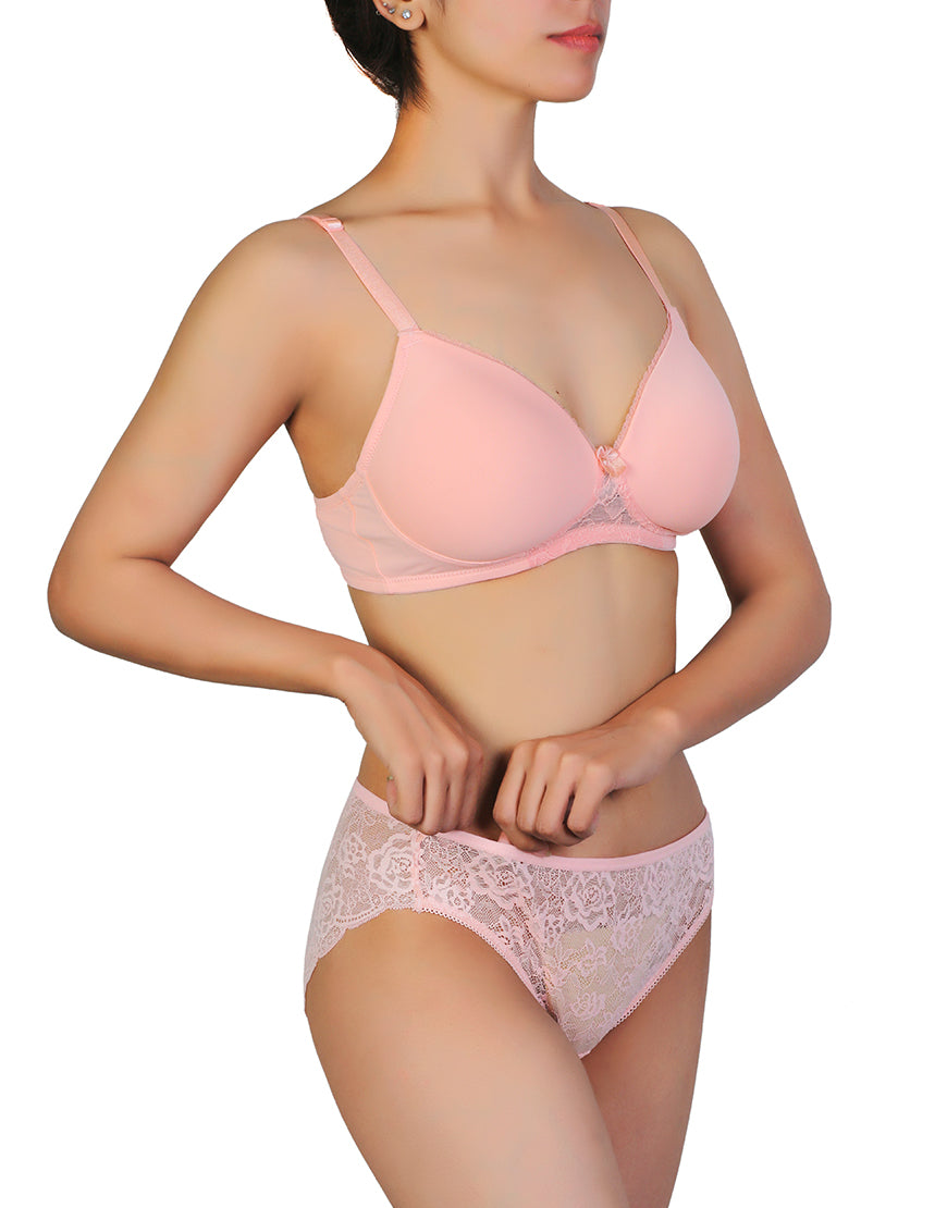 Butterfly back Bra With Lacy Panty SET-PEACH PEARL