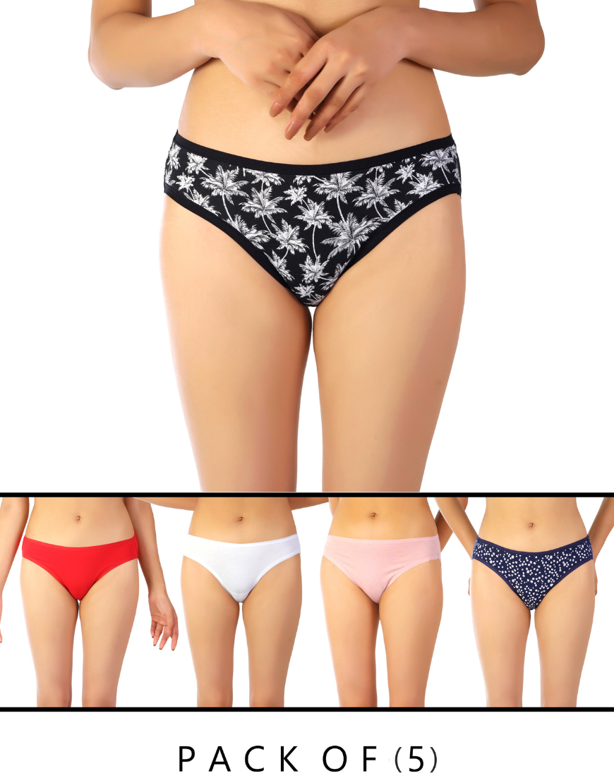 PACK OF 5 SUPER SOFT COTTON STRETCH PRINTED BIKINI BRIEFS -PALM