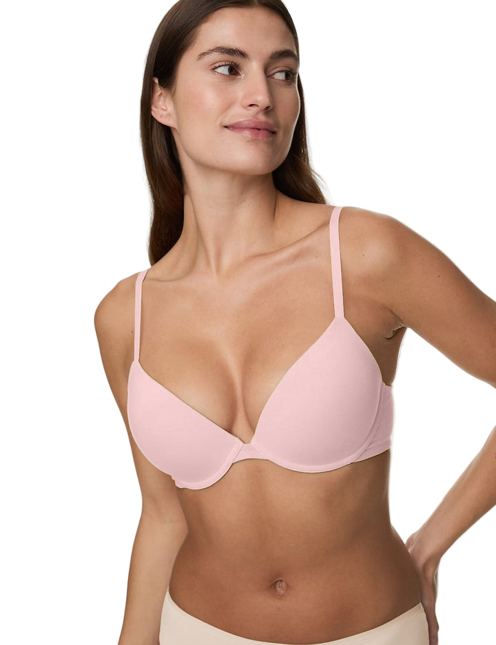 LOSHA DEEP PLUNG LIGHTLY PADDED WIRED COTTON T-SHIRT BRA -SOFT PINK