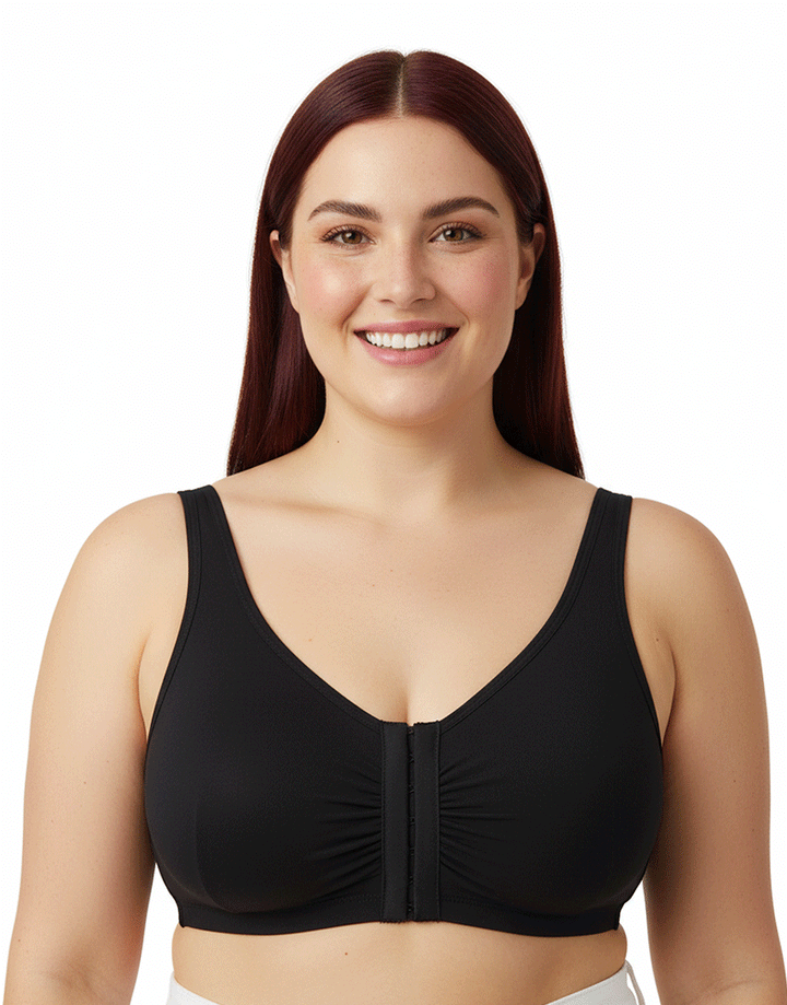 Plus Size Cotton Wire-free Darted Cup Front Open Bra - BLACK