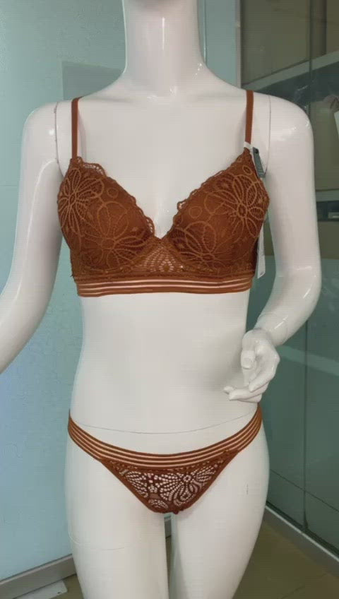ALL OVER LACE BRA AND THONG SET-GINGER BREAD