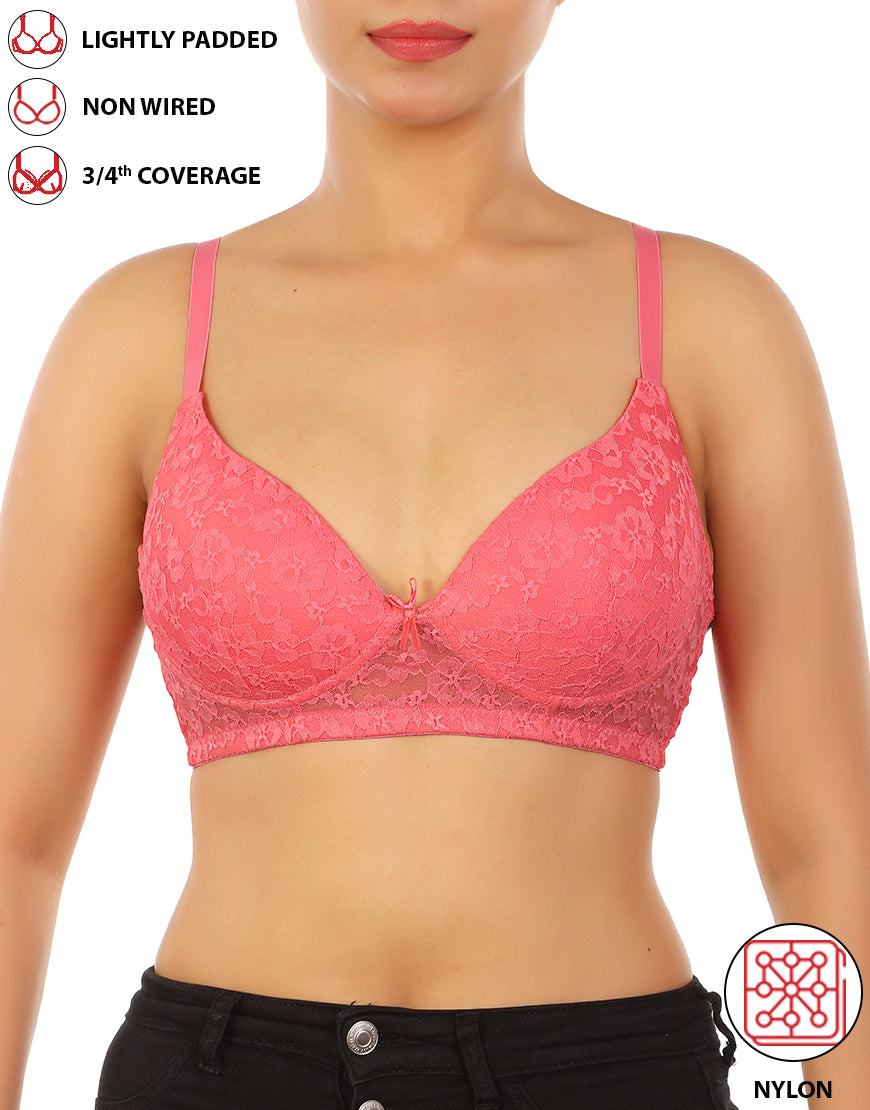 LOSHA LIGHTLY PADDED WIRE-FREE 3/4TH COVERAGE ALL OVER LACE BRA- PINK –  Losha
