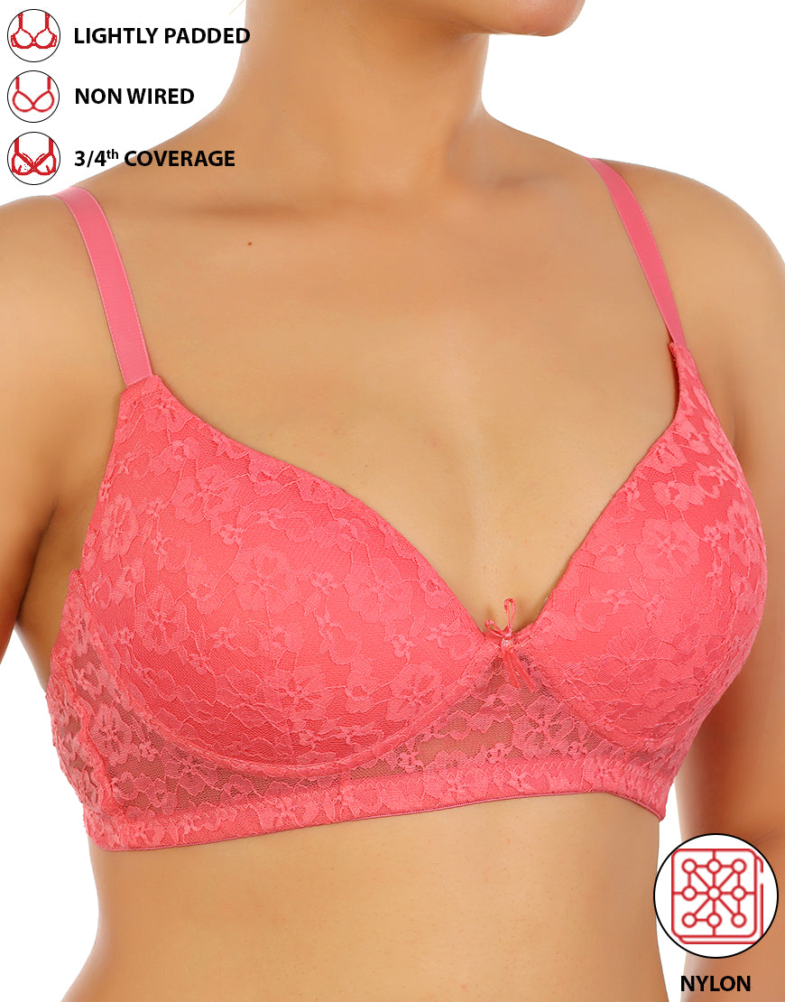LOSHA LIGHTLY PADDED WIRE-FREE 3/4TH COVERAGE ALL OVER LACE BRA- PINK LEMONADE