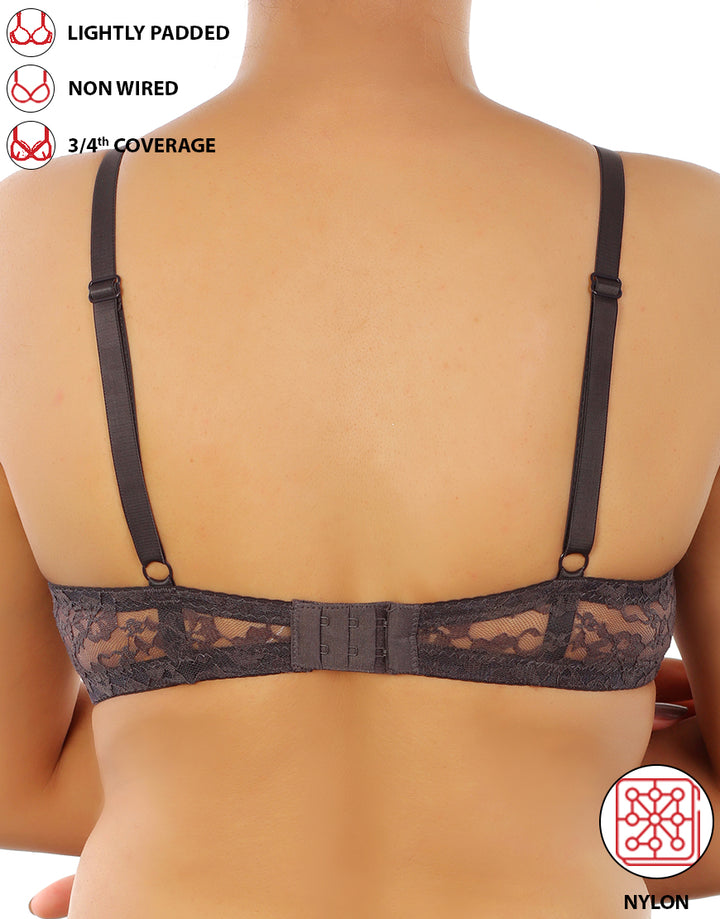 LIGHTLY PADDED WIRE-FREE 3/4TH COVERAGE ALL OVER LACE BRA- FORGGED IRON