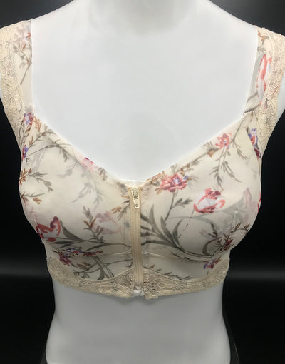 FLORAL PRINT FRONT ZIPPER POST SURGICAL BRA WITH POCKETS