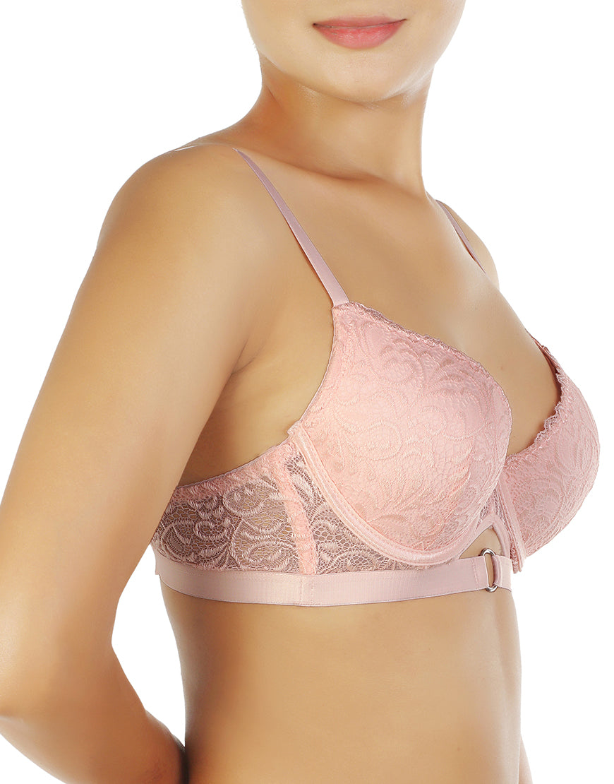 ALL OVER LACE PUSH-UP BRA SET WITH METALLIC RINGS-VEILED ROSE