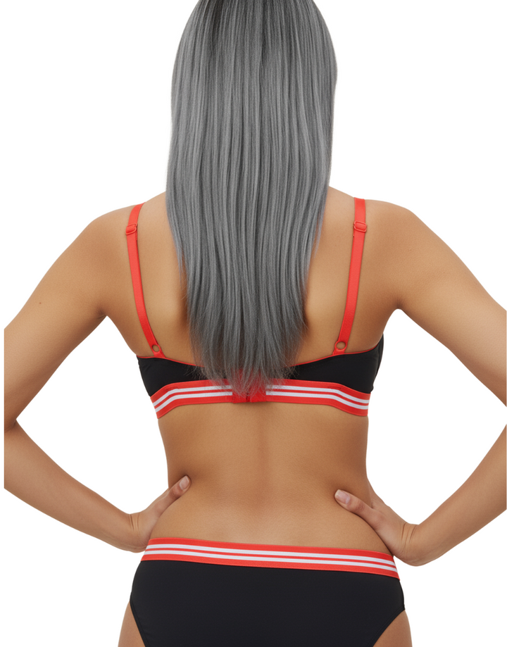 LIGHTLY PADDED NON WIRED TSHIRT BRA WITH STRIPED ELASTIC WAIST BAND-BLACK