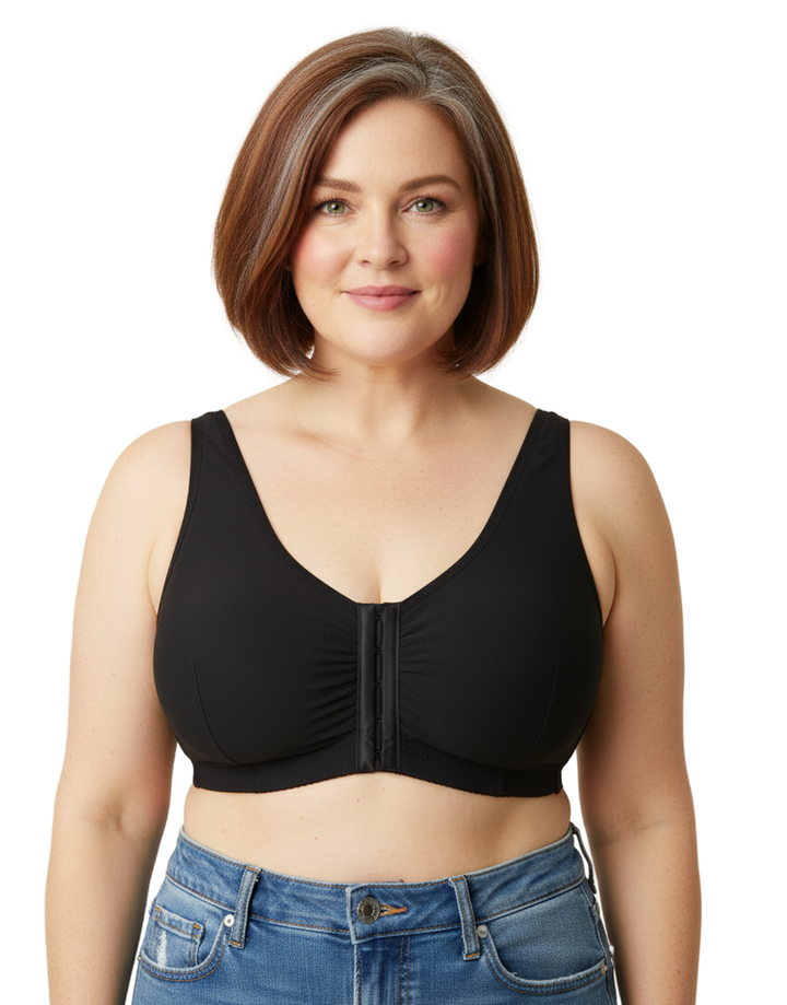 COTTON FRONT OPEN SLIP ON POST SURGICAL BRA WITH POCKETS-BLACK