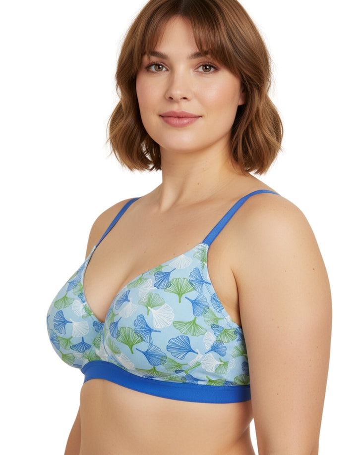 DOUBLE LAYERED COTTON WIREFREE BRA  WITH FLORAL PRINT-BLUE