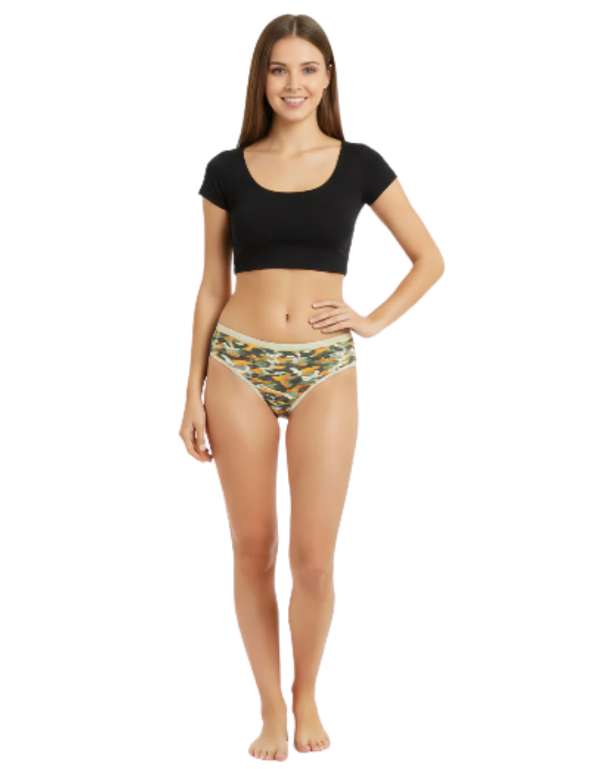 PACK OF 5 SUPER SOFT COTTON STRETCH PRINTED BIKINI BRIEFS -GREEN ARMY