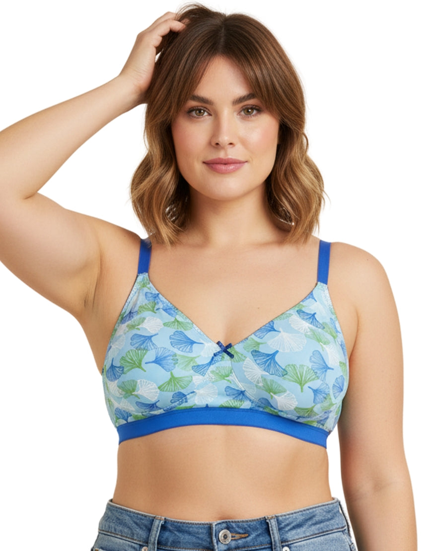 DOUBLE LAYERED COTTON WIREFREE BRA  WITH FLORAL PRINT-BLUE