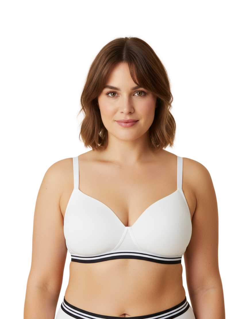 LIGHTLY PADDED NON WIRED TSHIRT BRA WITH STRIPED ELASTIC WAIST BAND-WHITE