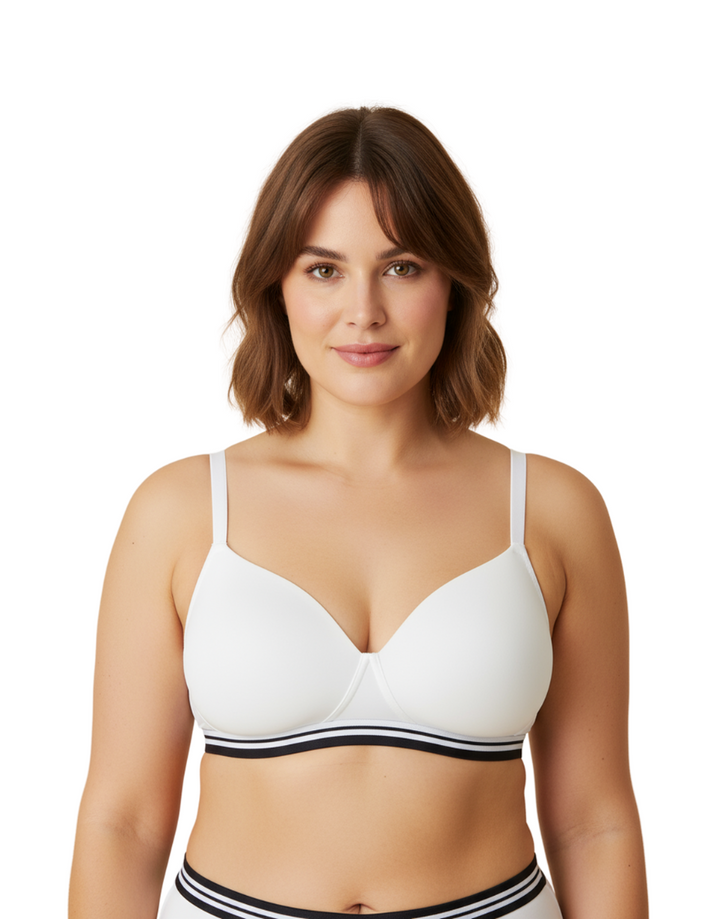 LIGHTLY PADDED NON WIRED TSHIRT BRA WITH STRIPED ELASTIC WAIST BAND-WHITE