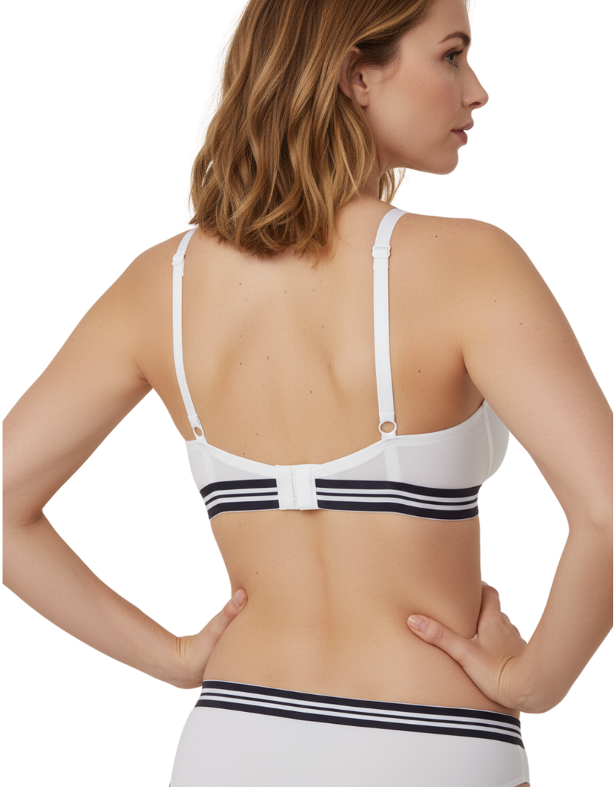 LIGHTLY PADDED NON WIRED TSHIRT BRA WITH STRIPED ELASTIC WAIST BAND-WHITE