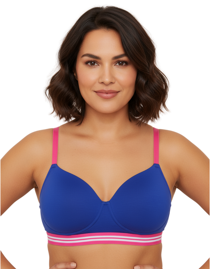 LIGHTLY PADDED NON WIRED TSHIRT BRA WITH STRIPED ELASTIC WAIST BAND-BLUE