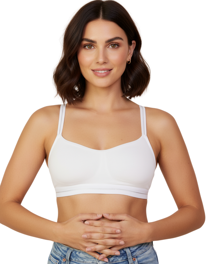 DOUBLE LAYERED COTTON WIREFREE BRA WITH GLITTER ELASTIC WAIST BAND -WHITE