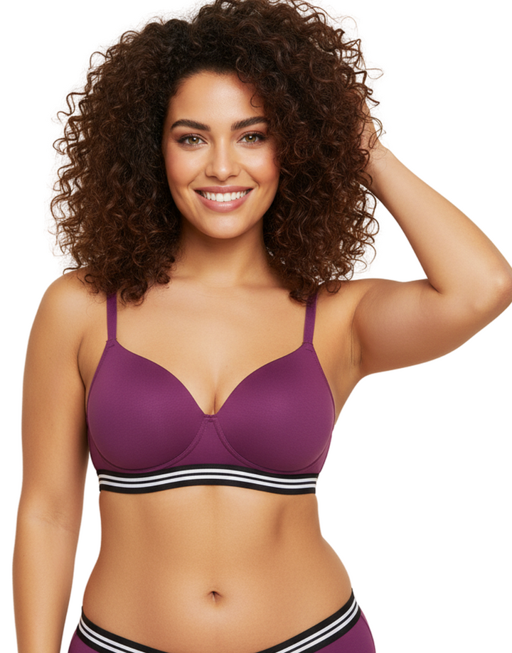 LIGHTLY PADDED NON WIRED TSHIRT BRA WITH STRIPED ELASTIC WAIST BAND-PURPLE