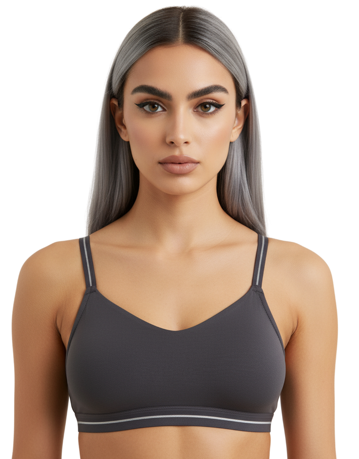 DOUBLE LAYERED COTTON WIREFREE BRA WITH GLITTER ELASTIC WAIST BAND -GREY