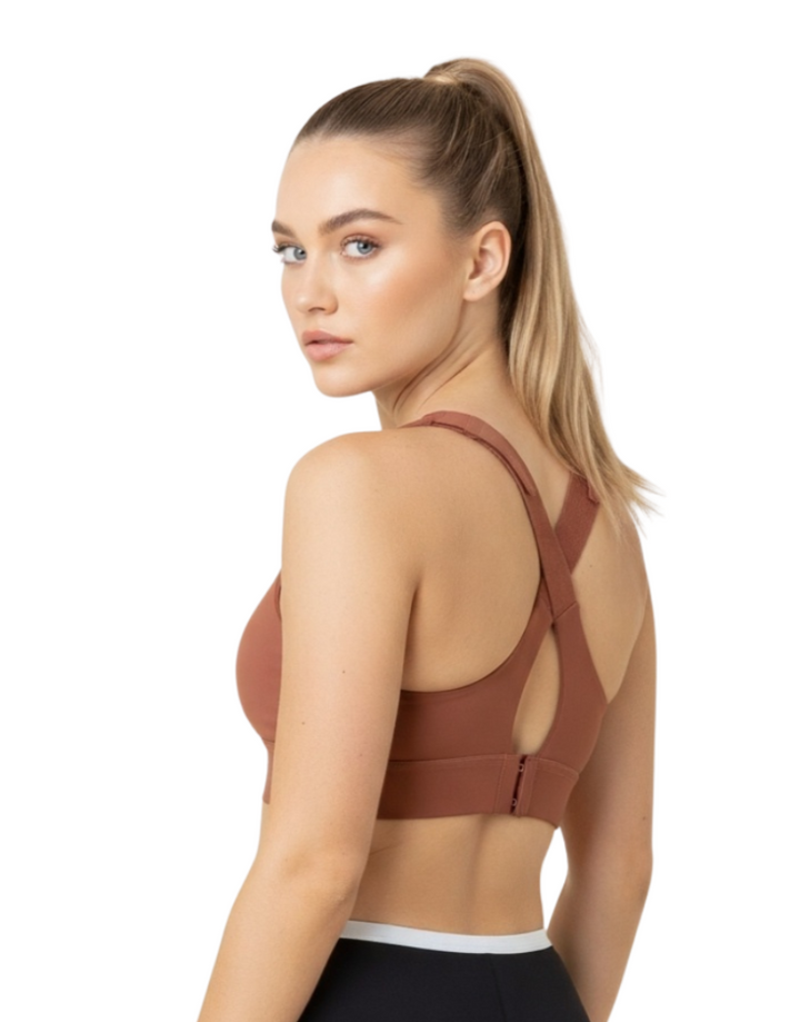 PREMIUM QUALITY FRONT CLOSURE PADDED HIGH IMPACT SPORTS BRA WITH ADJUSTABLE WAIST BAND-RUST