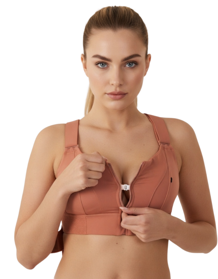 PREMIUM QUALITY FRONT CLOSURE PADDED HIGH IMPACT SPORTS BRA WITH ADJUSTABLE WAIST BAND-RUST