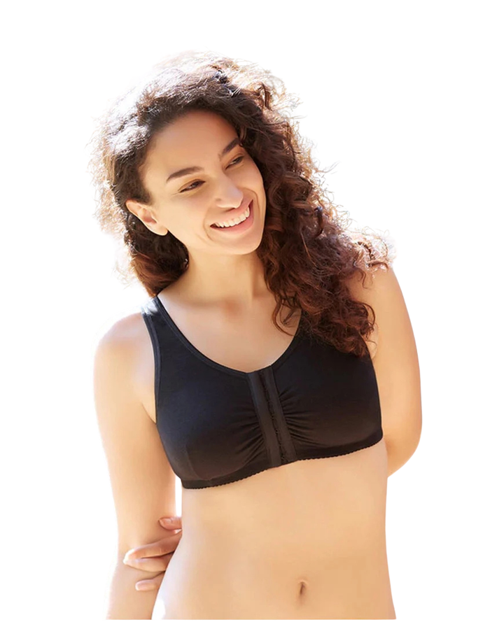 Plus Size Cotton Wire-free Darted Cup Front Open Bra - BLACK