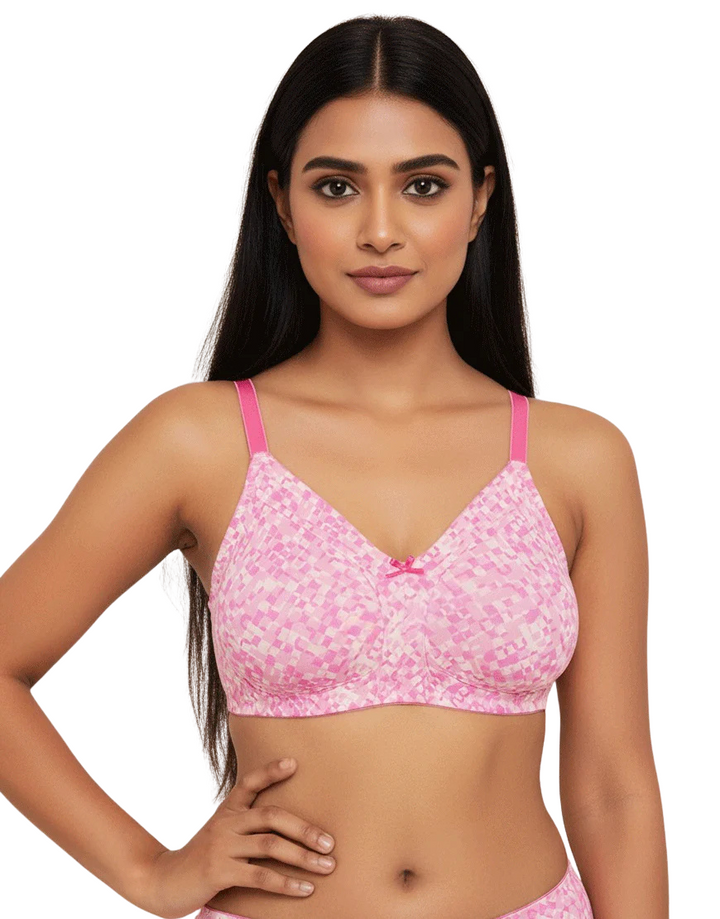 DOUBLE LAYERED FULL COVERAGE COTTON WIREFREE BRA WITH DIAMOND GEOMETRIC-PINK PRINT