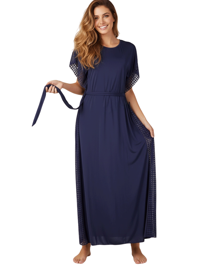 2 PIECE ROUND NECK SIDE LACE LONG NIGHTY -NAVY