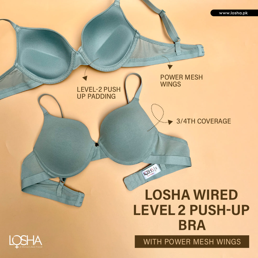 LOSHA WIRED LEVEL 2 PUSH-UP BRA WITH POWER MESH WINGS -BLUE SURF