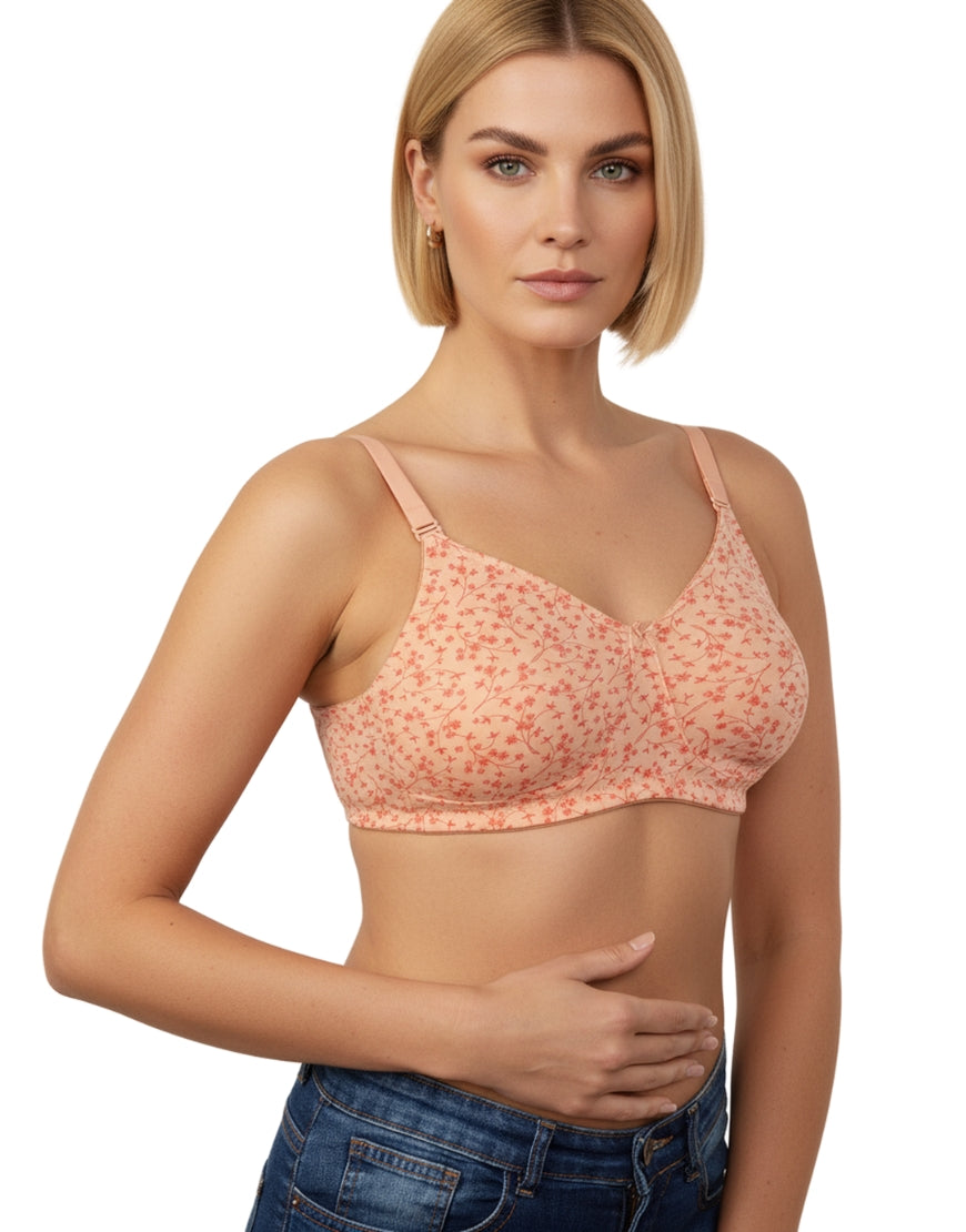 COTTON DOUBLE LAYERED NON WIRED PRINTED BRA -SALMON