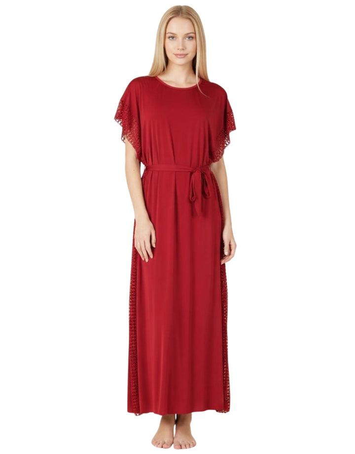 2 PIECE ROUND NECK SIDE LACE LONG NIGHTY -MAROON